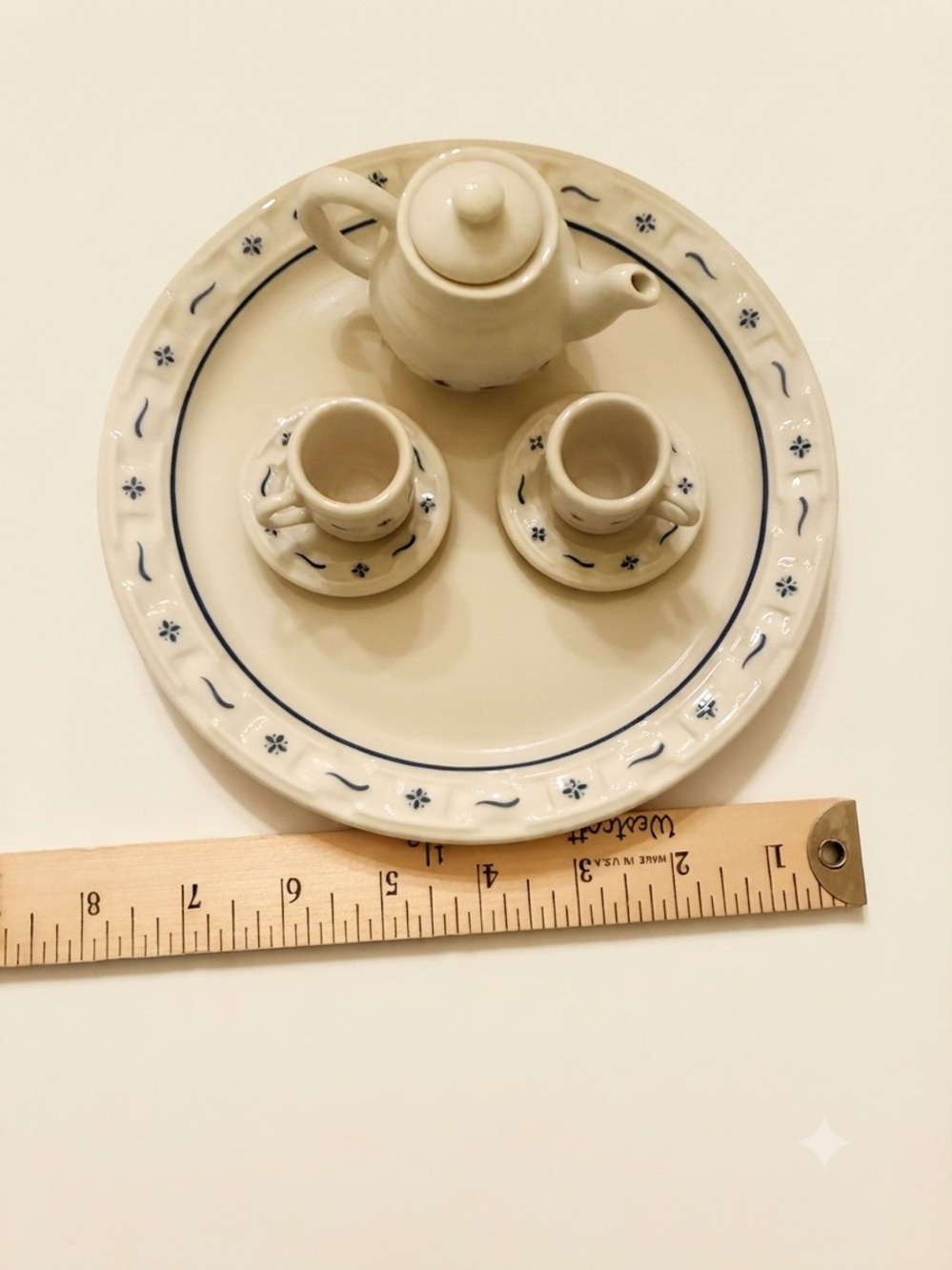 Longaberger Cream and Blue Miniature Tea Set - all pieces Collector’s Club